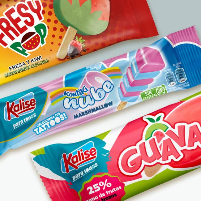 Assortiment de gelats i polos Kalise: Fresy Pop, Kontiki Nube i Guava.